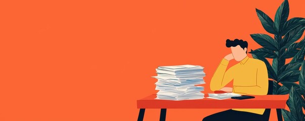 A person sits at a desk surrounded by a pile of paperwork, reflecting on their tasks amidst a plant and bright orange backdrop.