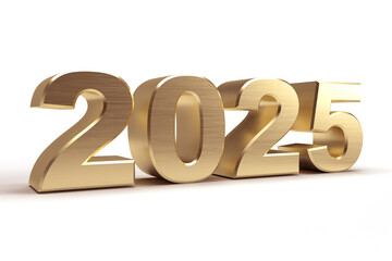 2025 happy new year.Gold metal of number. Luxury digit 3d golden and metallic with reflection on white background. For celebration, part, festival, anniversary 