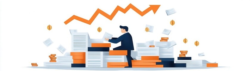 Digital illustration of a tax official stamping a pile of documents while golden arrows representing investments soar upward