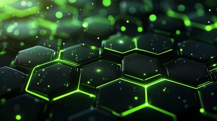 Fototapeta premium Digital hexagons in vibrant neon green and black, glowing lines connecting the shapes, intricate web of hexagonal patterns, futuristic and tech-inspired, high-definition and dynamic