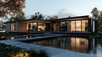 Obraz premium Modern Luxury Home with Pool and Pond at Dusk