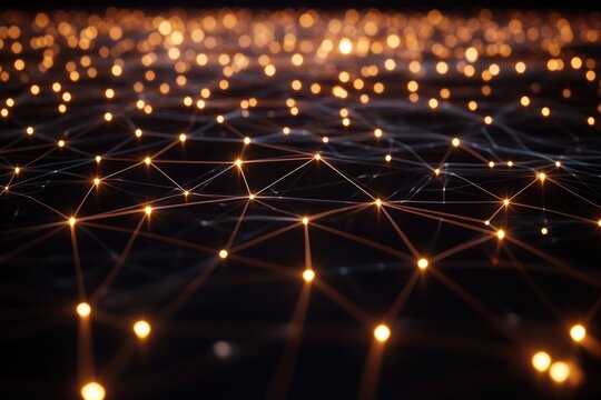 Wave of network connection in cyberspace. Flow of particles connected by lines.