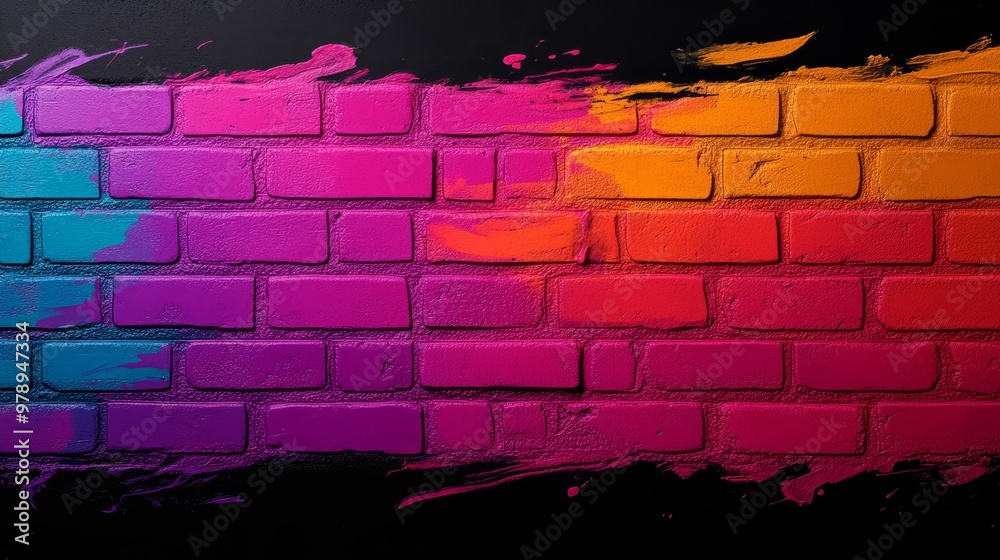 Wall mural digital sketch of an abstract brick wall, bright splashes of paint in primary colors, rough textures