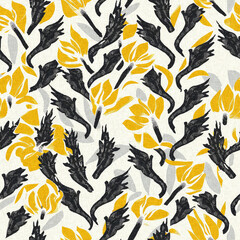 Modern printed fabric wildflower blockprint pattern with linen fabric textures. Stylized hand drawn boho dark florals for decorative design elements in repeatable background tile.