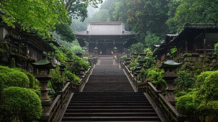 Stone Steps Leading to a Traditional Japanese Temple in Lush Green Forest