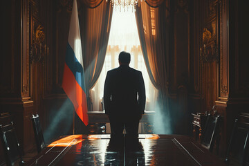 Rear view of powerful figure of Russian politician in grand office bathed in dramatic light, with national flag and opulent decor symbolizing authority and power of Russia