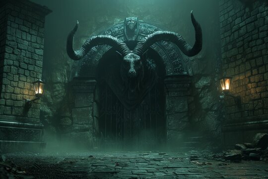 Gates of hell, eerie gothic gates adorned with demonic sculptures in misty dark place, illuminated by dim lanterns, evoking feelings of fear and supernatural