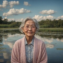 Fototapeta premium Elderly asian woman with gray hair wearing glasses and pink cardigan, standing in front of lake with trees and clouds in background