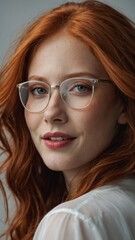 Obraz premium Young Caucasian woman with long, wavy red hair, wearing glasses and neutral expression