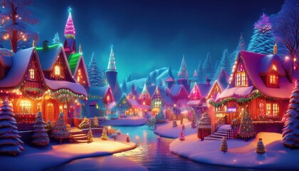 Enchanted surreal winter Christmas village with lights and decorations. Christmas background