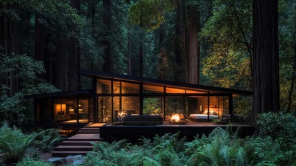 Modern Cabin in Redwood Forest at Dusk