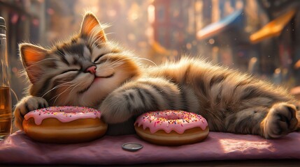 Sleeping contented cat with donuts around. The cat smiles and enjoys his sleep