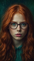 Fototapeta premium Young, fair-skinned Caucasian woman with long, vibrant red hair and green eyes wearing black-framed glasses against dark background