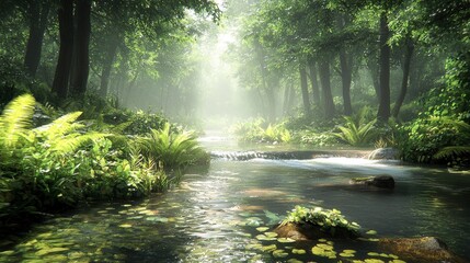 Obraz premium Sunbeams Through a Misty Forest Stream