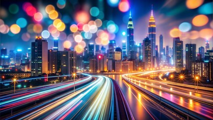 Fototapeta premium Abstract blurred bokeh neon light trails city night background 
