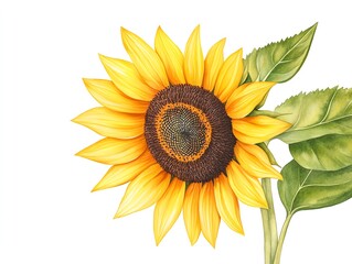 Fototapeta premium Illustrate a close-up of a majestic sunflower towering over a field, with intricate details of the delicate petals and vibrant hues, in a realistic watercolor technique