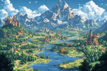 Medieval Village Landscape with Mountains  River  and Castles