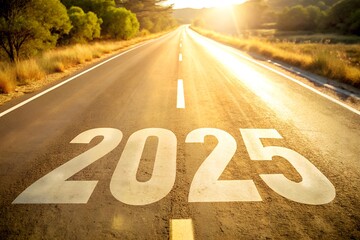 road to 2025, marked by an empty road with a written 2025 and an arrow pointing towards the...