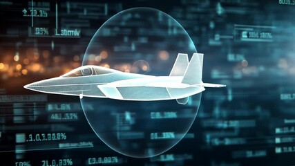 Futuristic 3D hologram of fighter jet surrounded by glowing data streams and digital interface, advanced military technology concept. Virtual reality simulation showcasing aerospace engineering - Powered by Adobe
