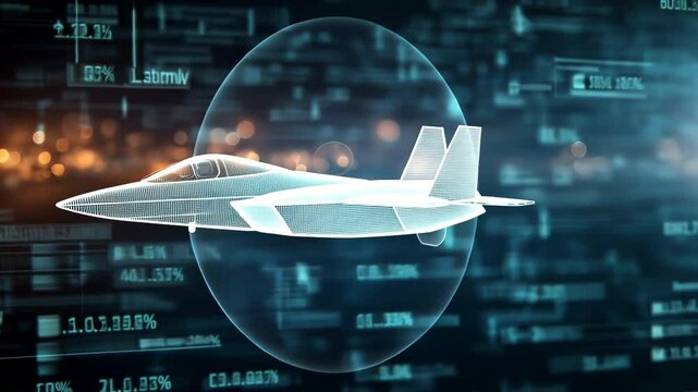Futuristic 3D hologram of fighter jet surrounded by glowing data streams and digital interface, advanced military technology concept. Virtual reality simulation showcasing aerospace engineering