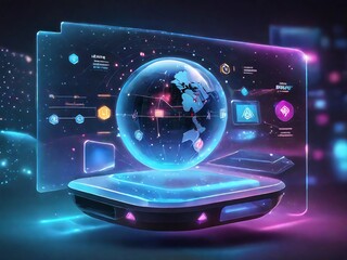 AI hologram interface floating in mid-air, with glowing buttons, futuristic icons, and detailed data charts surrounding a central screen.