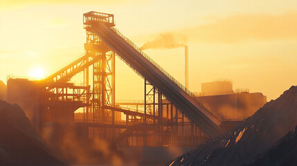 Industrial landscape at sunset with smokestacks