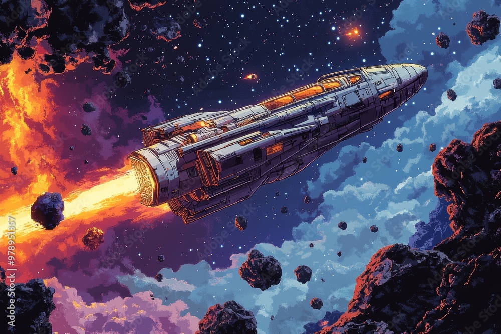 Wall mural spaceship flying through asteroid field in space