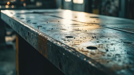 Close-up of a workbench in a warehouse, focusing on the rough metal surface and its gleam under industrial lighting. No logos or people included.