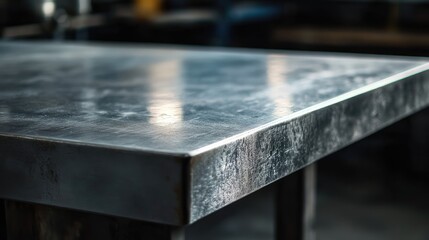 Obraz premium Close-up of a workbench in a warehouse, highlighting the textured metal surface and sheen under industrial lighting. No logos or people present.