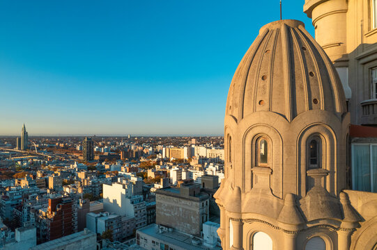 Aerial view of the skyline featuring the historic Salvo Palace and modern Antel Tower, Montevideo, Uruguay.