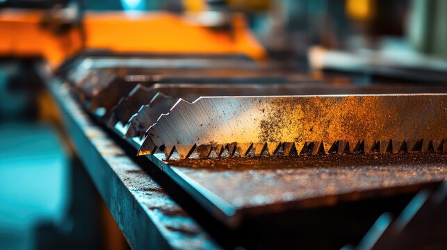 Close-up of cutting tools in a warehouse, focusing on the sheen and texture of the metal under industrial lighting. The sharp edges stand out. No people included.