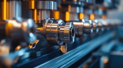Obraz premium Close-up of cutting tools in a warehouse, the gleaming metal surface and sharp edges highlighted by industrial lights. No people included.