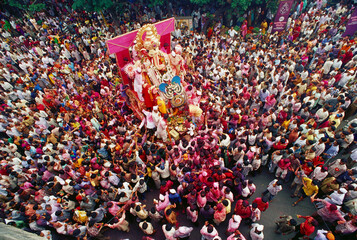 Aerial view of crowd at Ganesh ganpati Festival Elephant head Lord immersion visarjan, lalbaug, bombay mumbai, maharashtra, india
