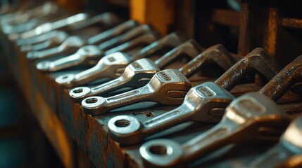 Fototapeta premium Close-up of industrial wrenches in a warehouse, the metal's texture and gleam highlighted by focused lighting. No logos or people present.