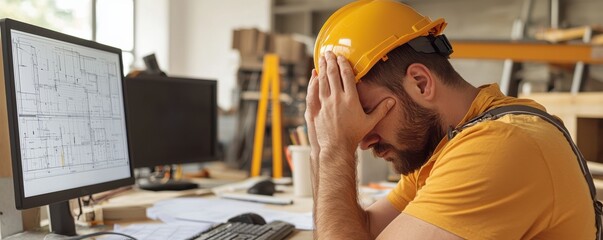A frustrated construction worker takes a break at the desk, overwhelmed by project challenges and work stress.