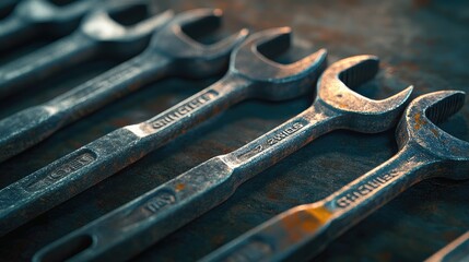 Close-up of industrial wrenches in a warehouse, the metal's texture and gleam highlighted by focused lighting. No logos or people present.