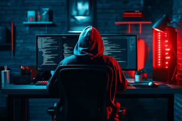 Obraz premium Silhouette of a hacker looking in camera with binary codes on monitor