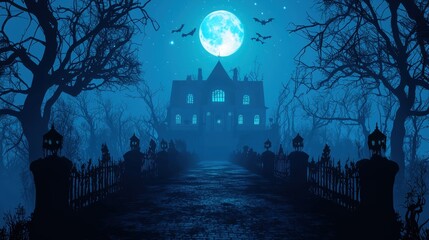 Spooky Haunted House in the Woods with Full Moon and Bats