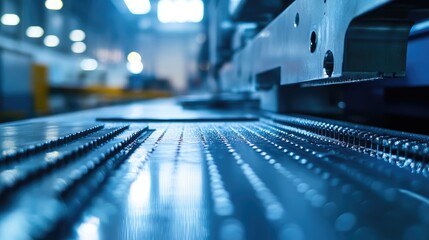 Close-up of sharp cutting tools in a warehouse, metal surfaces reflecting under bright industrial lighting. Focus on the texture and precision edges. No people.