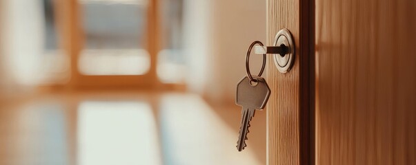key in a wooden door lock, symbolizing security and access to new opportunities in a bright environment.