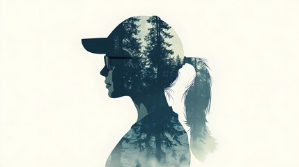 Fototapeta premium A silhouette of an athletic woman with a ponytail, wearing sunglasses and a cap against the backdrop of a dense forest