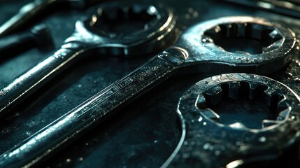 Close-up of wrenches in a warehouse, emphasizing the metallic texture and shine under harsh lighting. No logos or people, with a clear focal point.