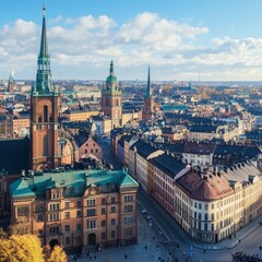 Fototapeta premium Historic Architectural Landmarks of Northern European Cityscape Aerial View on Sunny Day