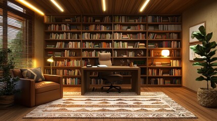 Cozy Home Office with Bookshelf  Desk  and Comfortable Armchair