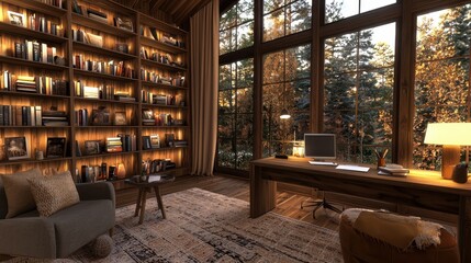 Cozy Home Office with Large Window and Bookshelf