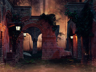 Old gothic ruins with green vines and bright lanterns in a dark forest at night. 3D render. Made with 3d resources and painted elements. No AI used. 