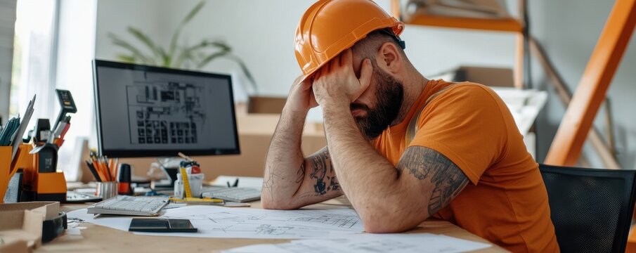 Stressed construction worker in orange hard hat sitting at desk with blueprints, overwhelmed by project demands and deadlines.