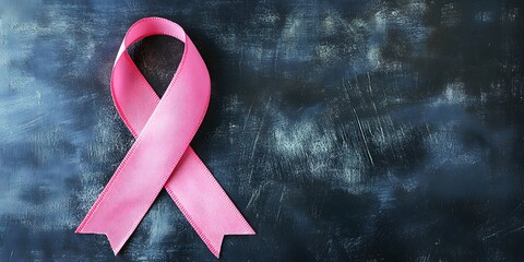 Prominent breast cancer awareness ribbon showcased on a smudged chalkboard background to symbolize support. Awareness concept