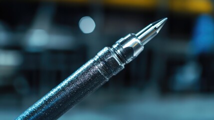 Naklejka premium Metal screwdriver close-up in a warehouse, the textured surface and sheen catching the industrial lighting. Focus on the tip, no logos or people included.