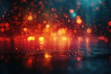 Colorful bokeh lights reflecting on a wet surface during a nighttime rain shower in an urban setting